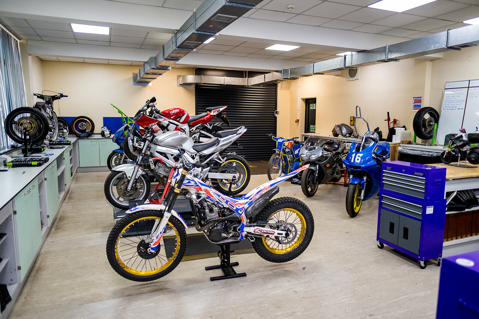 Motorcycles in the Motorcycle Engineering workshop.