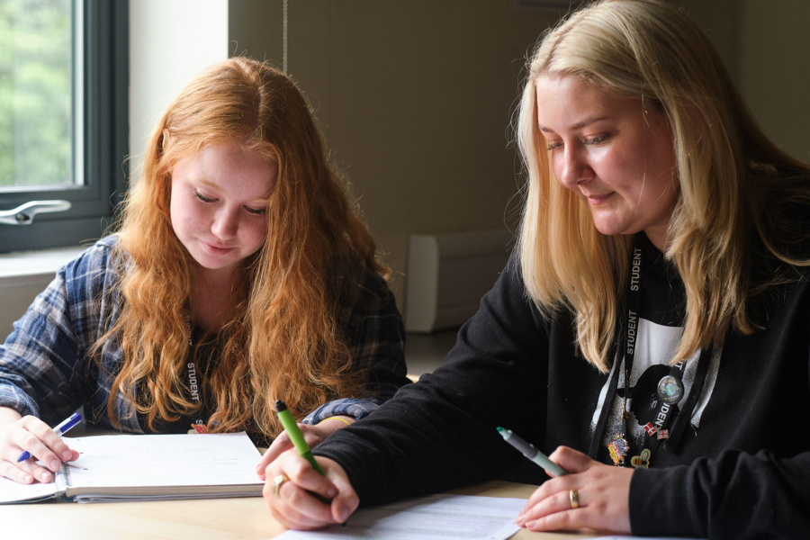 Two students writing at a desk.