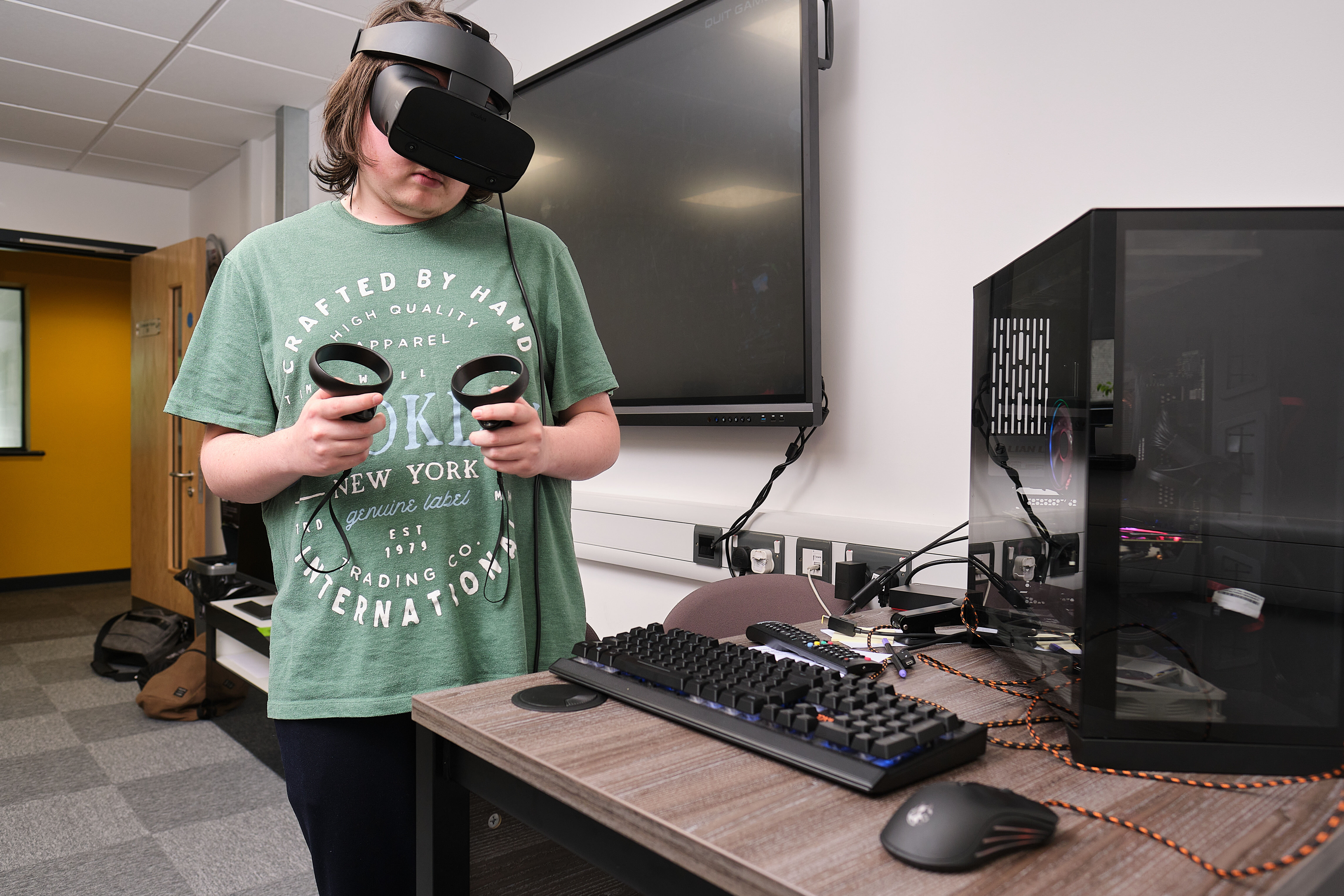 A student using a virtual reality headset.