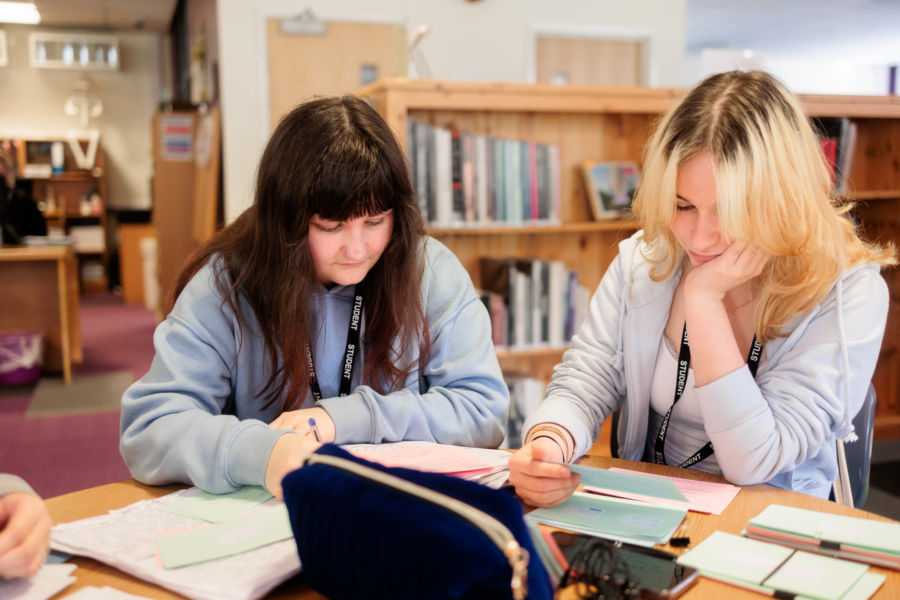 Two students revising coursework in a library.