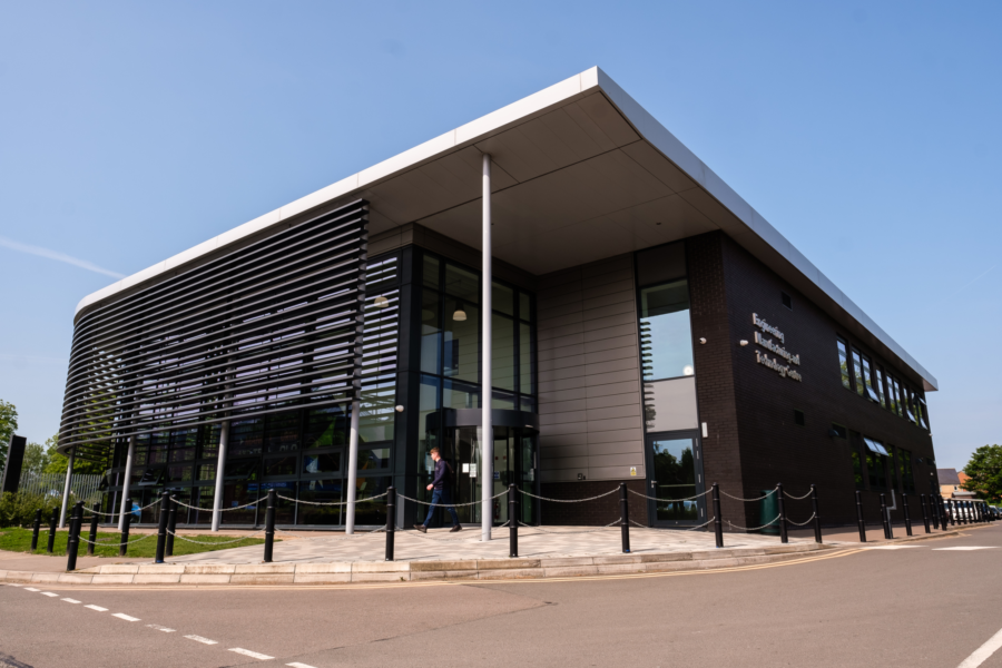 Exterior of the Engineering, Manufacturing and Technology centre at Boston College.